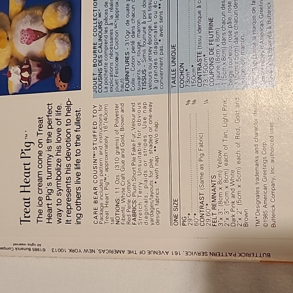 Care Bear Cousins Treat Heart Pig Butterick Sewing Pattern 3375 Stuffed Toy - Picture 3 of 6